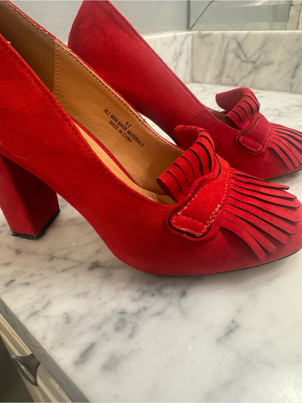 Red Suede Fringe Block Heel Pumps